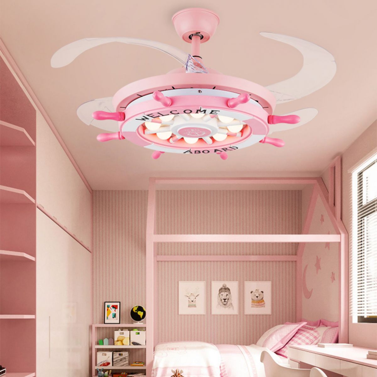 Remote Control Rudder Semi Flush Mount Mediterranean Metal Kids Bedroom LED Pendant Fan Light