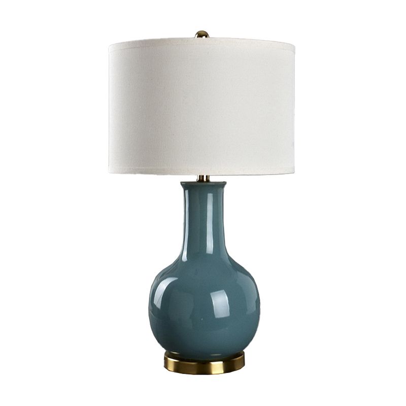 Drum Night Stand Light Modern Fabric 1 Head Living Room Table Lamp with Vase Ceramic Base in White/Red/Blue