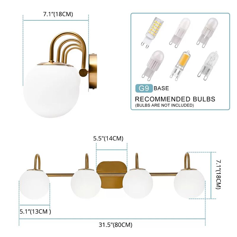 Global Glass Shade Vanity Wall Sconce Metal Armed Vanity Mirror Lights for Bedroom Bathroom