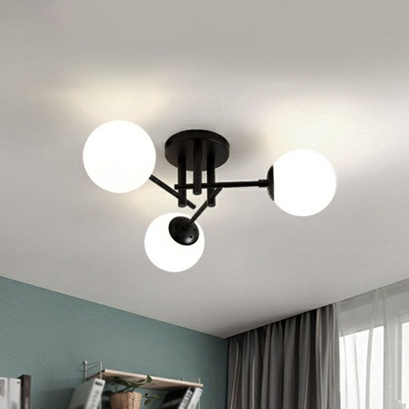 Modern Style Ball Ceiling Flush Light Opaline Glass Living Room Semi Flush Mount Light in Black