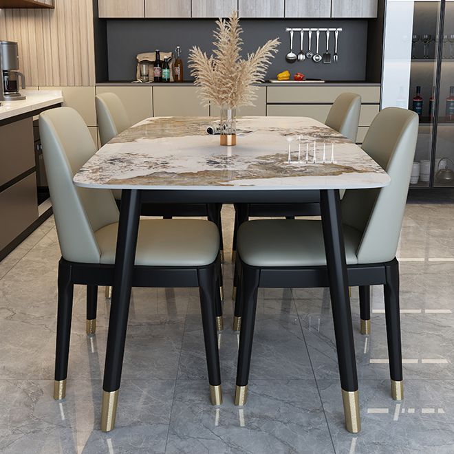 Traditional Luxury Dining Table Stone and Wood Legs Rectangle Dining Site Table