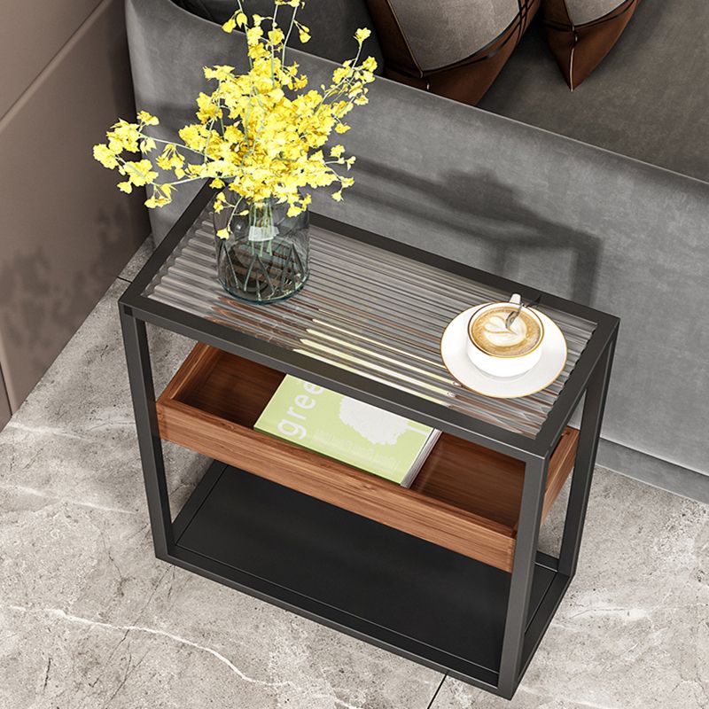 Glass Top Sofa Side Accent Table 21.25" High Frame End Table with Shelves