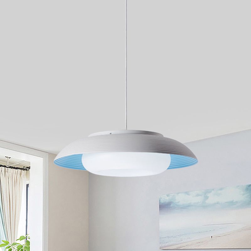 Macaron Wide Bowl Pendant Light Iron Dining Table Suspension Lamp in Black/Blue with Inner Round Shade
