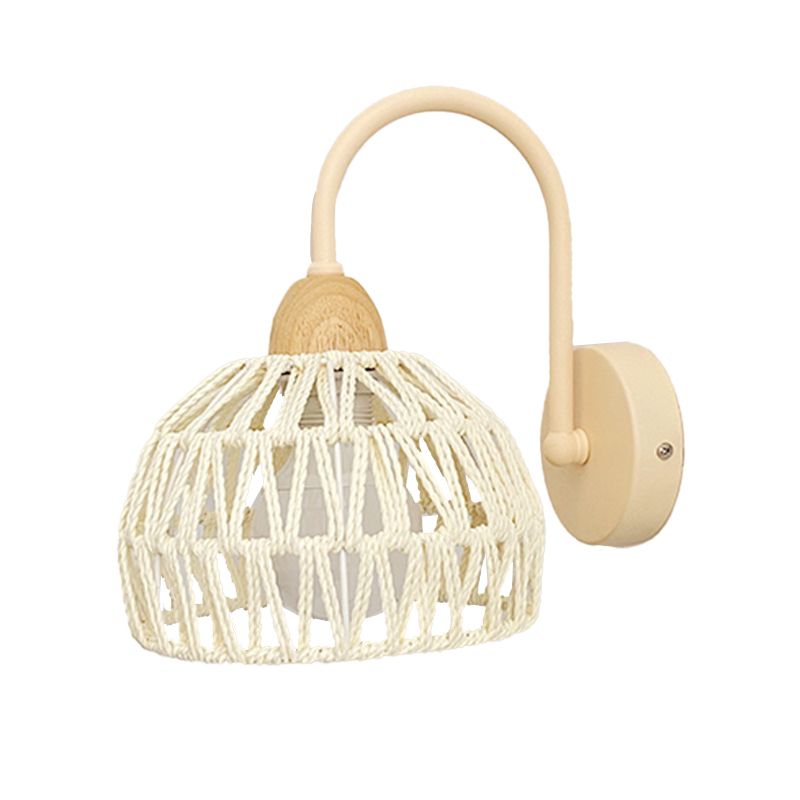 Single Light Wood Wall Sconce Rattan Dome Shade Wall Lighting in White