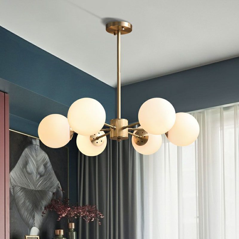 Frosted White Glass Ball Chandelier Minimalist Gold Finish Hanging Ceiling Light for Dining Room
