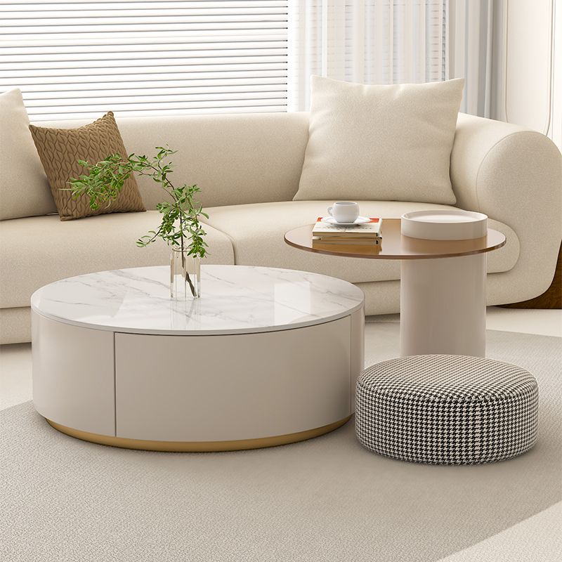 Modern Stone Drum Coffee Table with Storage Dia 31.5" Cocktail Table in Withe