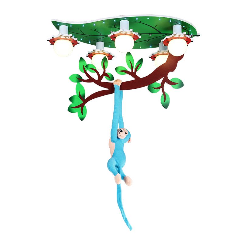 Cartoon Jungle Monkey Ceiling Flush Light Acrylic 5-Bulb Kindergarten Semi Mount Lighting in Green