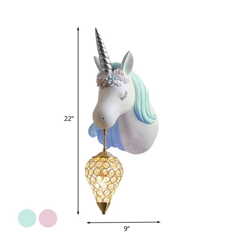 Blue/Pink Teardrop Wall Light Sconce Cartoon 1 Head Crystal Wall Mount Lamp with Unicorn Backplate, Right/Left