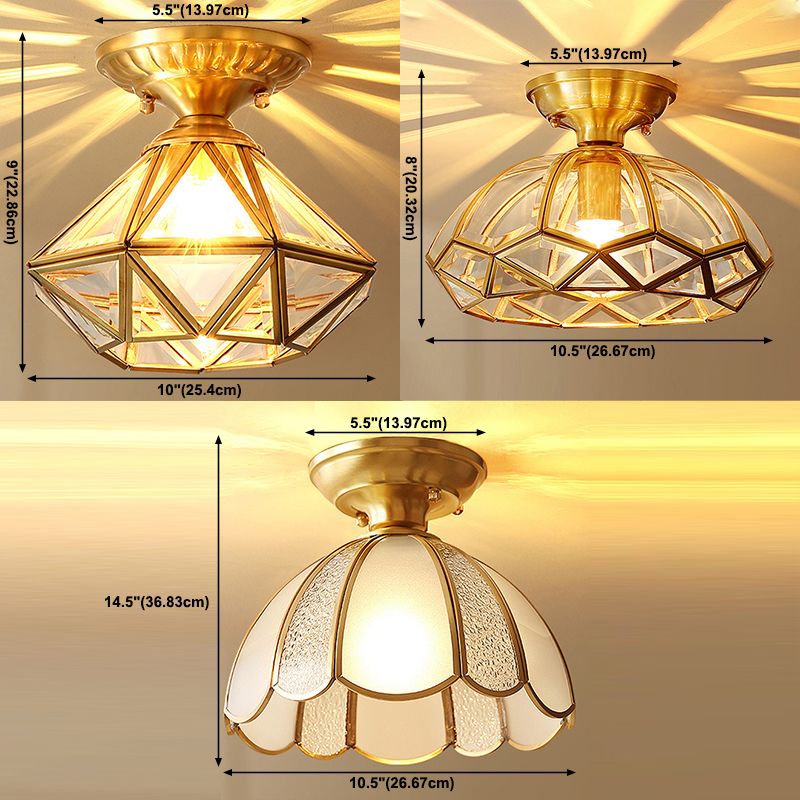 Colonial Style Ceiling Light Glass Shade Metal Semi Flush Mount Light for Living Room
