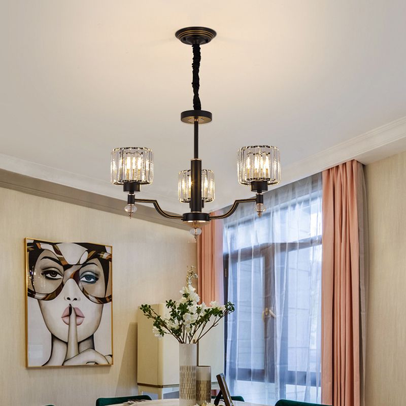 Minimalist Style Up Chandelier Black Cylindrical Suspension Light with Crystal Shade