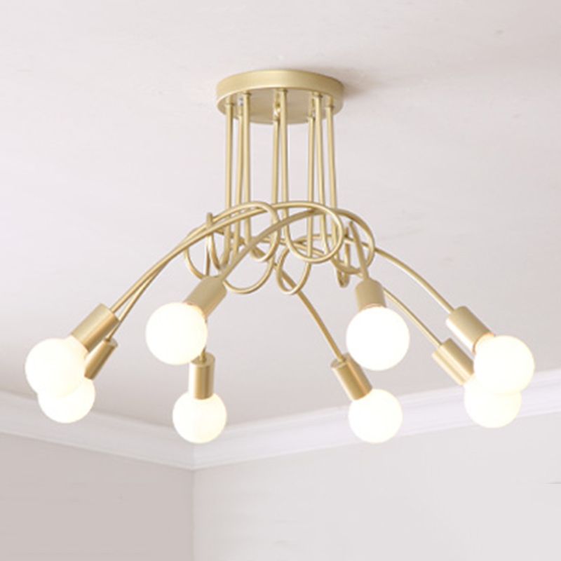 Exposed Bulb Radial Semi Flush Mount in Industrial Creative Style Wrought Iron Ceiling Light