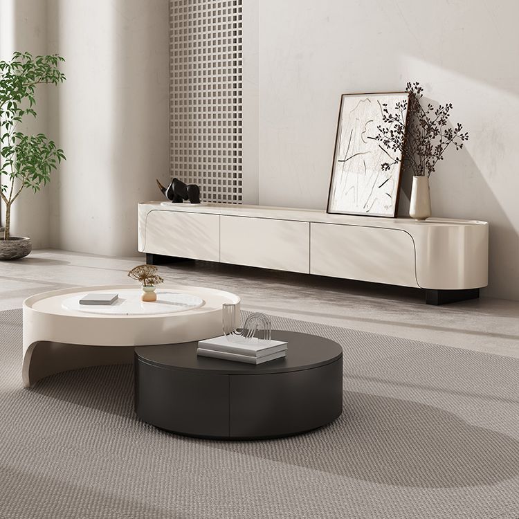 Modern 2 Nesting Coffee Table Set Round Slate Cocktail Table with 2 Drawers