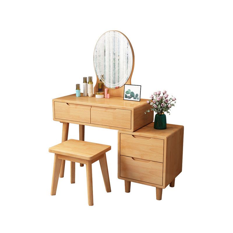 Scandinavian Rubberwood Vanity Table with Stool and 4 Drawers
