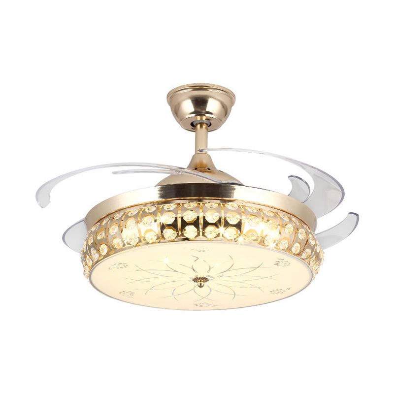 19 "W Drum Semi Mount Lighting Einfache schräg KristalllED Gold Anhänger Lüfter Licht mit Lotusmuster, 4-Blade