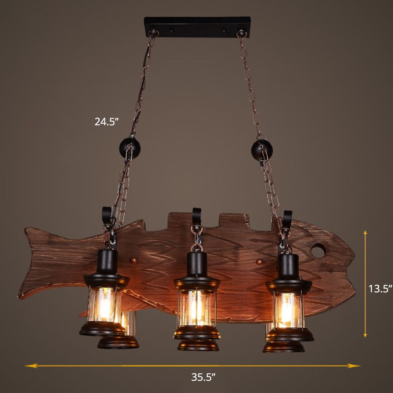 Clear Glass Lantern Island Pendant Country 6-Bulb Dining Room Suspension Light with Wooden Fish Deco