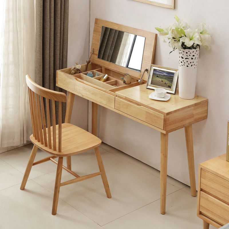 Nordic Flip-Top Vanity Dressing Table Set with Stool 1-Drawer Wood Vanity Table