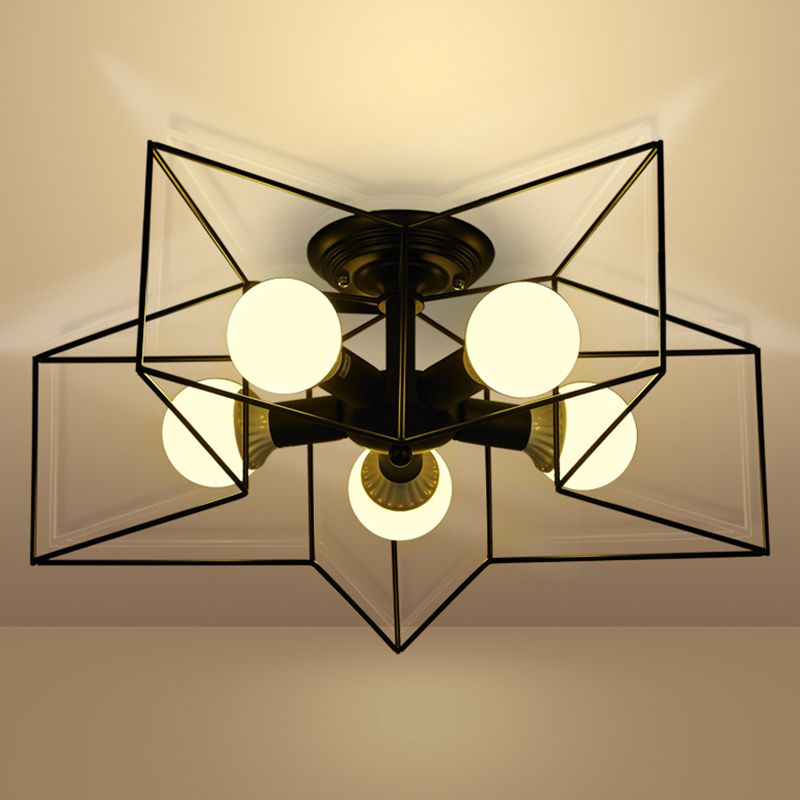 Plafoniera a stella con struttura in ferro in ferro stile retrò industriale, montaggio a semi-incasso a 5 luci