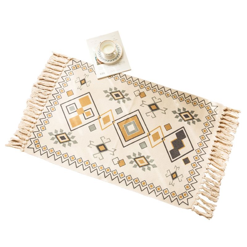 Moroccan Bedroom Rug Multi Colored Tribal Symbols Carpet Cotton Blend Pet Friendly Environmental Area Rug with Tassel