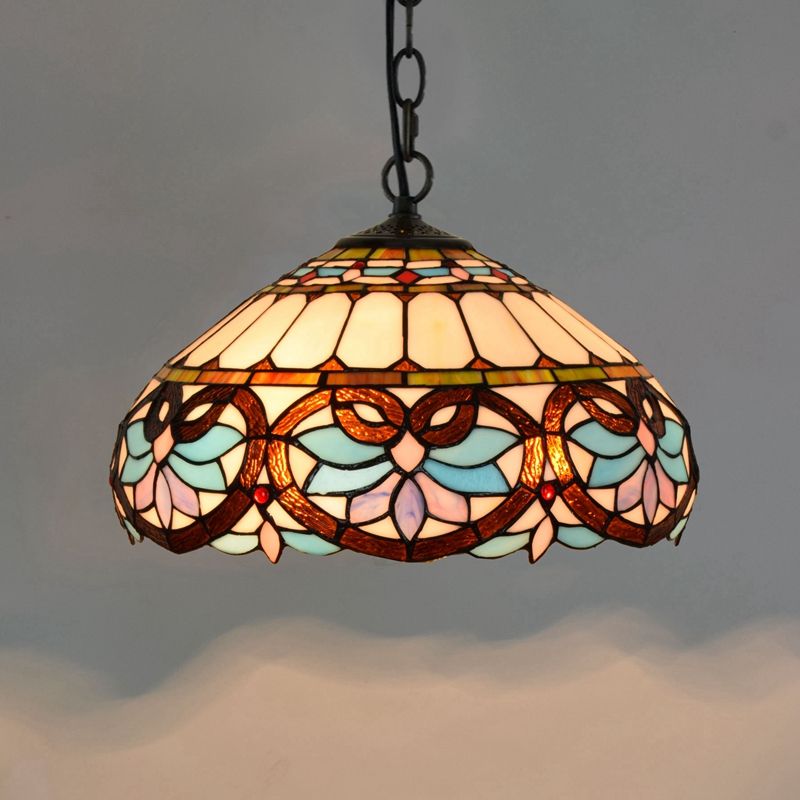 Domed Hanging Pendant Light Stained Glass Mediterranean Pendant Light Fixture in Blue
