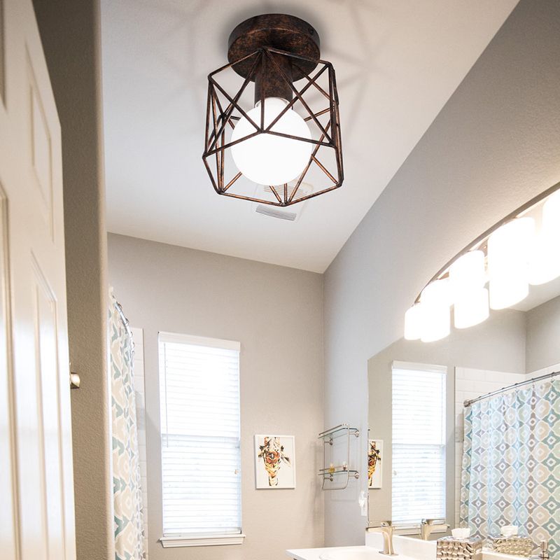 Wire Cage Iron Semi Flush Light Fixture Warehouse 1 Light Antique Bronze Semi Mount Lighting with Hexagon Shade