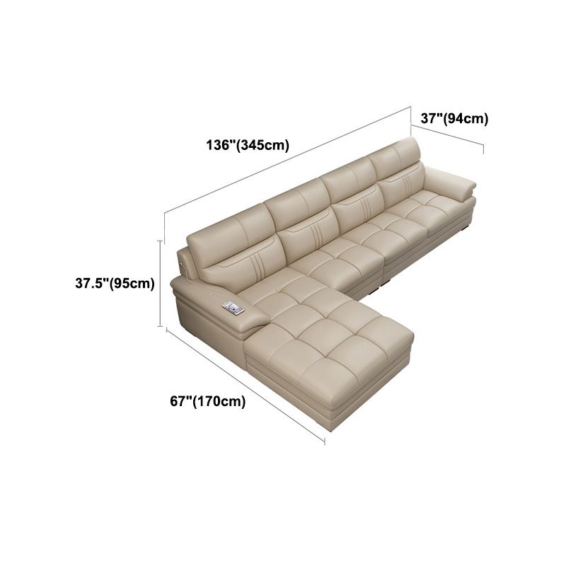 Contemporary Stationary Cream Genuine Leather Recessed Arm Sofa