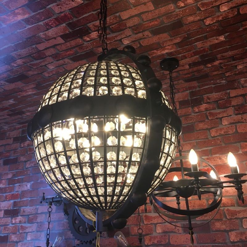 Chandelier globe à cage de fil rustique 6 ampoules en cristal de plafond en cristal biseauté en noir