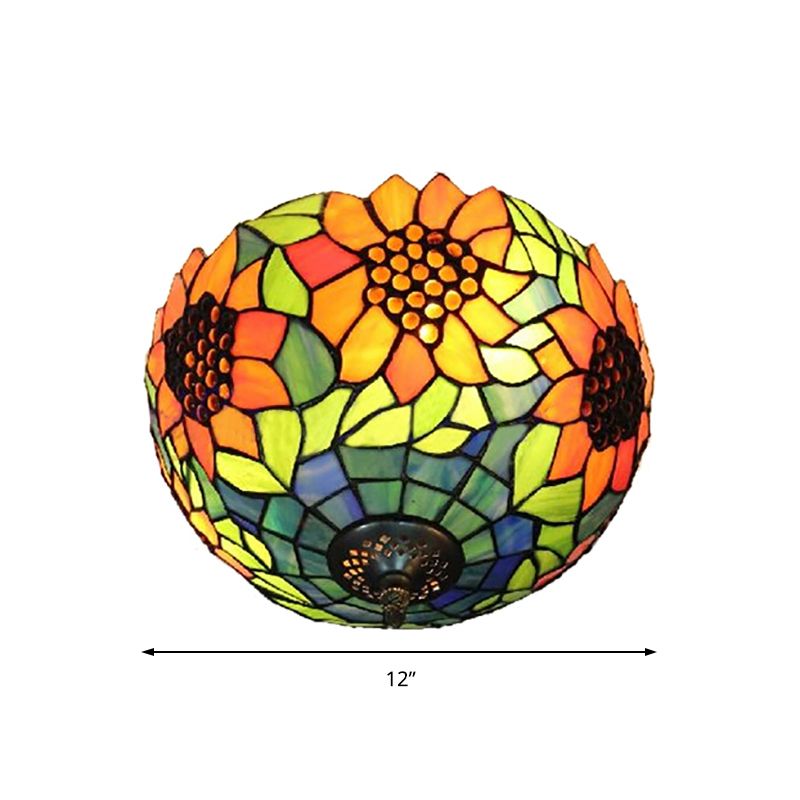 Orange Bowl Ceiling Light Fixture Stained Glass 1 Light Splendid Flushmount Light with Flower Pattern for Living Room