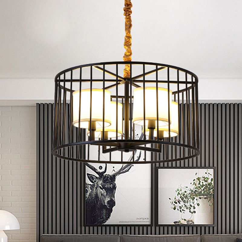 Cilindro soggiorno lampadario a pendente lampadario classico metallo a 4 luci dispositivo appeso nero con tonalità in tessuto