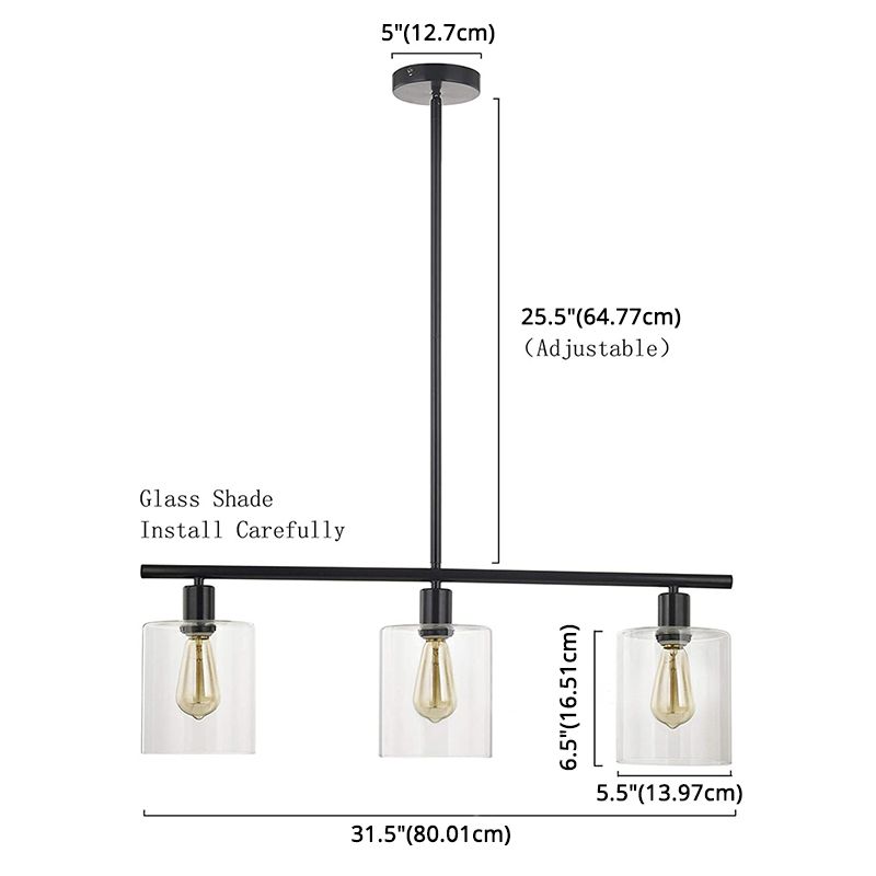 3-Lights Modern Style Island Light Clear Glass Shade Metal Island Pendant Lamp with 25" Adjustable Rod