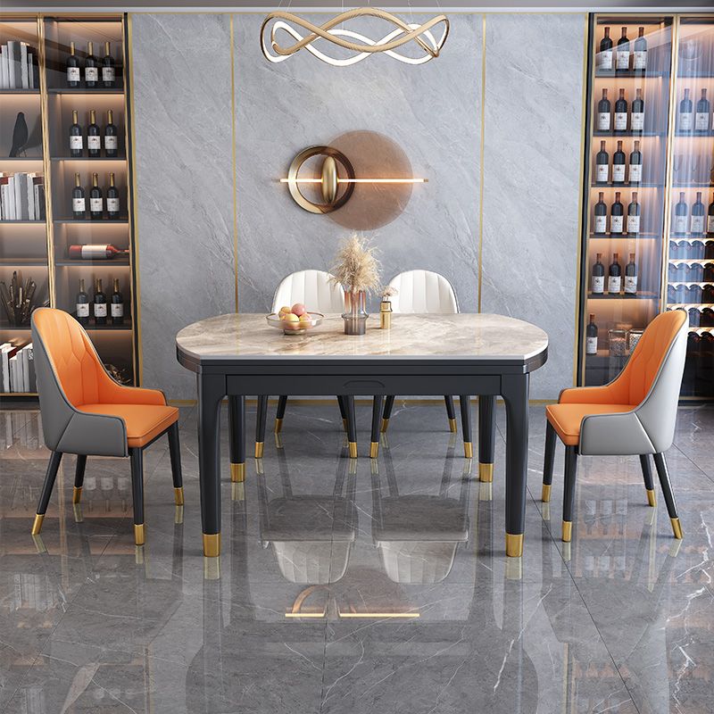Modern Extendable Grey Stone Top Dining Table with 4 Black Steel Legs