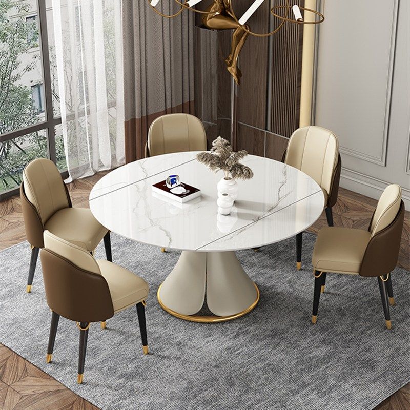 Glam 1/4/5/6/7/9 Pieces White Dining Table Set with Stone Top Round Scalable Dinette Set