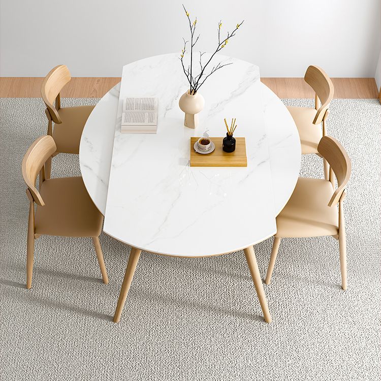 Modern Round Dining Table White Stone Tabletop with Solid Wood Legs