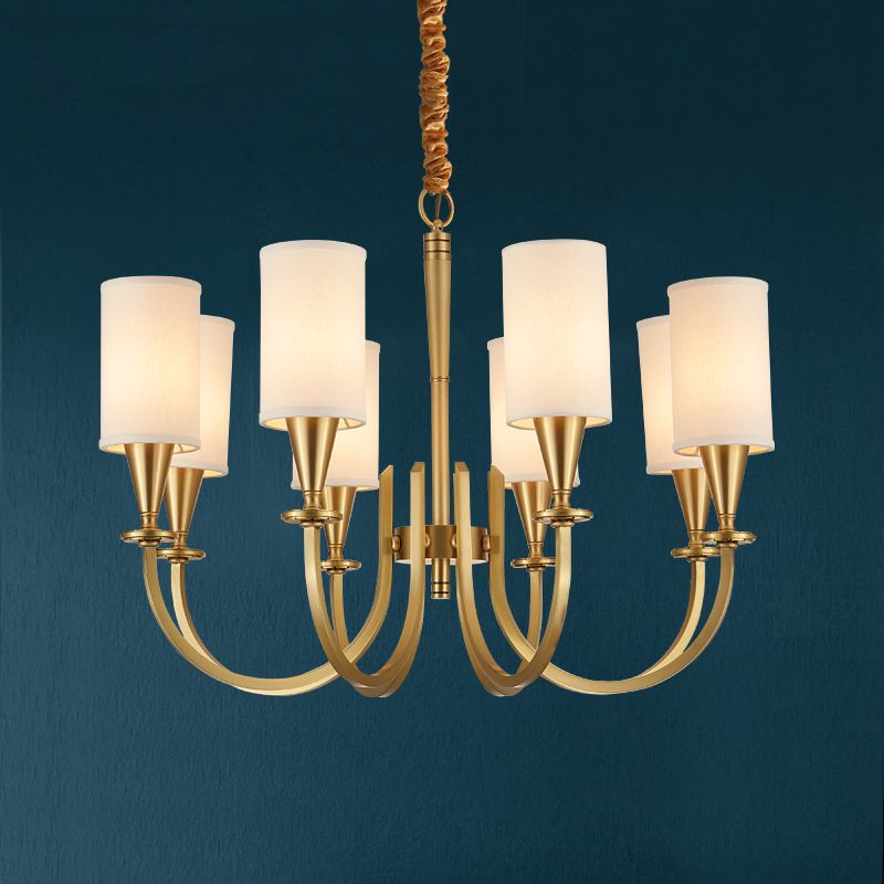 American Rustic Style Copper Criplelier Multi-Lights Cylindrical Fabric Shade Hanging Light in Gold