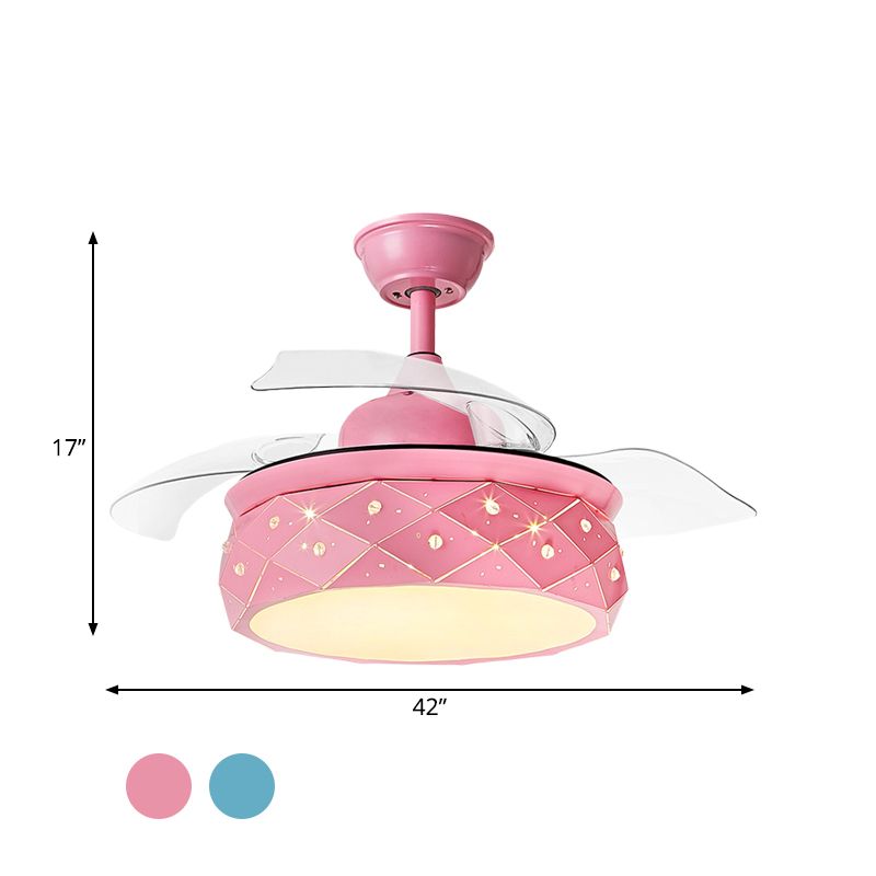 3 cuchillas Lámpara de iluminación de ventilador colgante de tambor metálico 42 "W LED Semi Flush Lámpara en rosa/azul con tono acrílico, control remoto/pared y control remoto