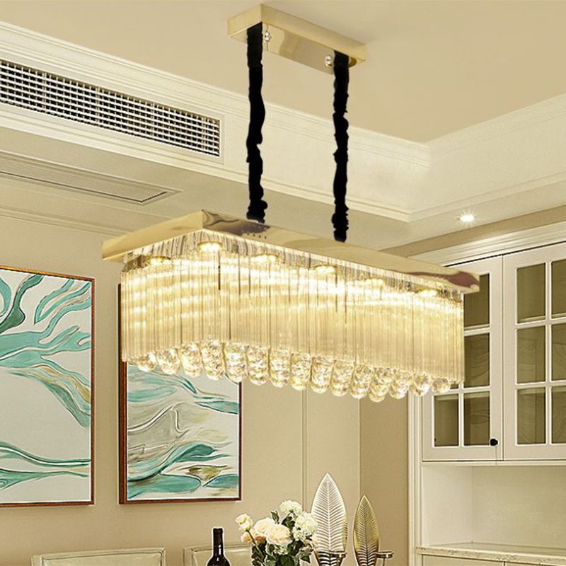 Crystal Rod Rectangle Island Lighting Simplicity LED Gold Suspension Lamp in Warm/White Light for Dining Room