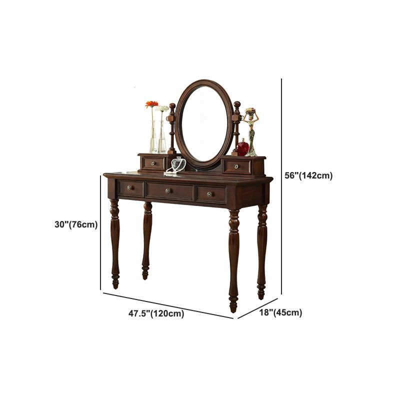 Mirrored Wood Makeup Dressing Table Stool Set in Brown Finish