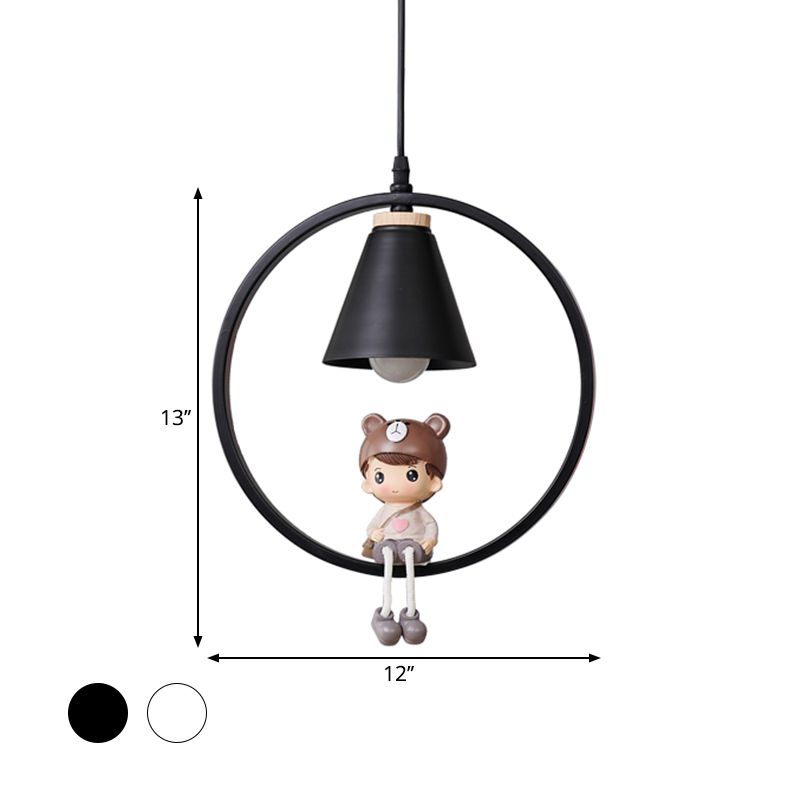 Cartoon verjüngte hängende leichte Metall 1 helle Schlafzimmer Anhängerlampe mit Ring und Mädchen/Jungen/Hirsch -Dekor in Schwarz/Weiß