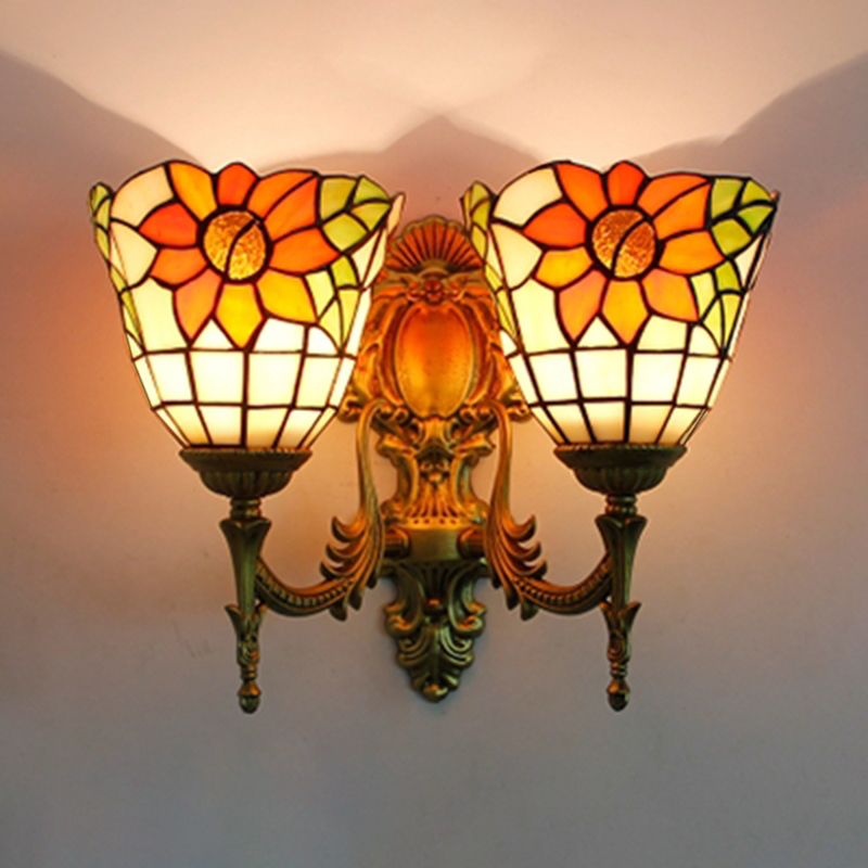 Sunflower Wall Mount Light Lodge Style Stained Glass 2 Heads Wall Lighting for Bedroom