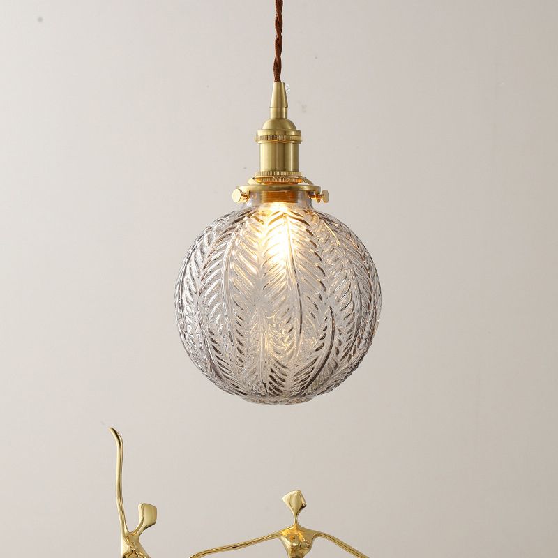 1 Head Spherical Pendant Light Kit Warehouse Brass Finish Clear Textured Glass Hanging Lamp Kit