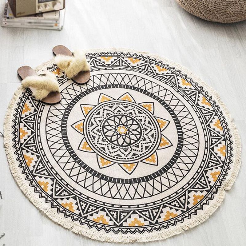 Bohemian Round Carpet Americana Pattern Indoor Rug Cotton Blend Fringe Area Rug for Home Decor