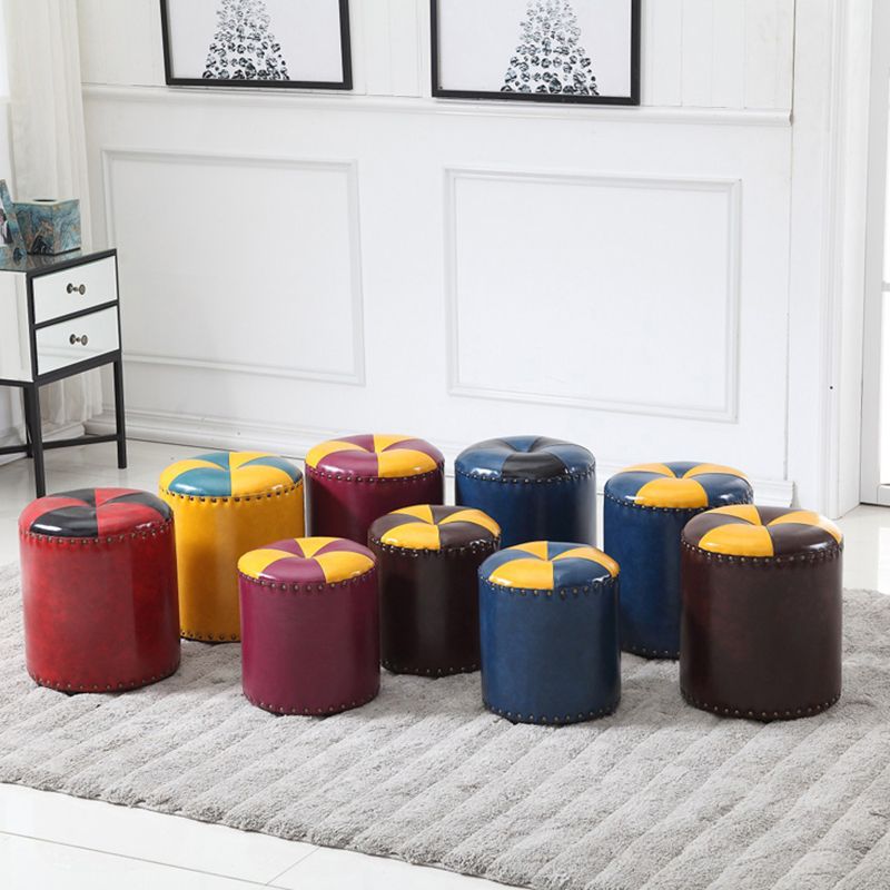 Modern Round Ottoman Color Block Leather Round Ottoman With Nailhead Trim