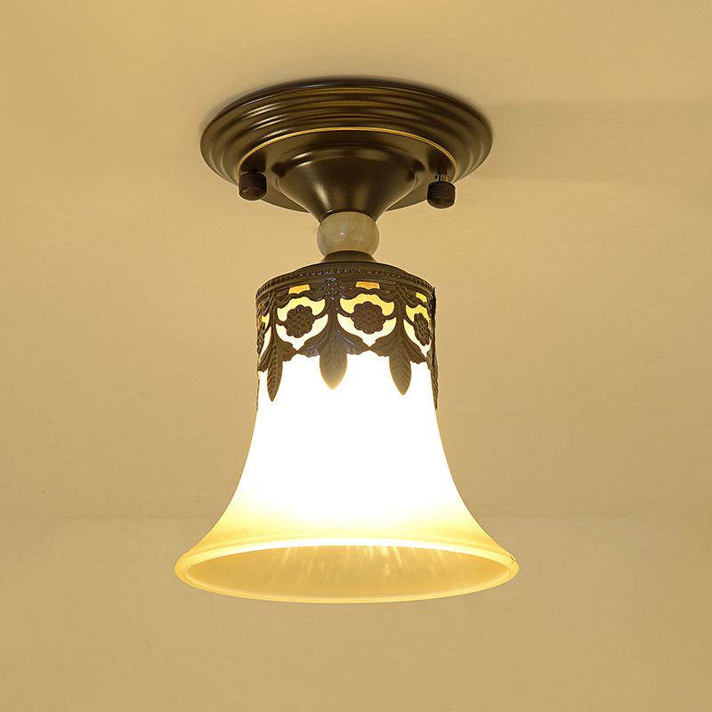Single Trumpet Flare Flush Ceiling Light Countryside Beige Frosted Glass Semi Mount Lighting for Foyer