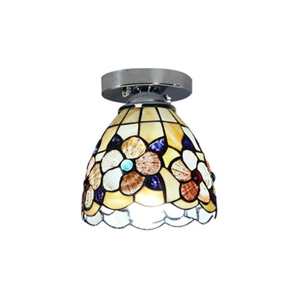 Tiffany Style Domed Ceiling Light Stained Glass 1 Bulb Flush Mount Ceiling Light with Flower Pattern in Black/Chrome Finish