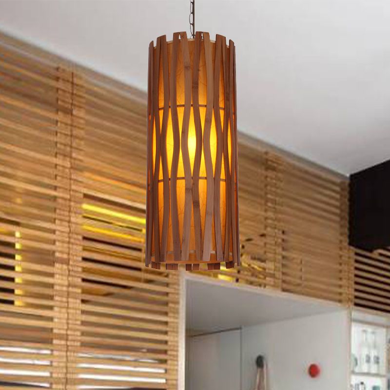 Asian Style Cylinder Ceiling Suspension Lamp Wooden Single Bulb Restaurant Hanging Light in Khaki