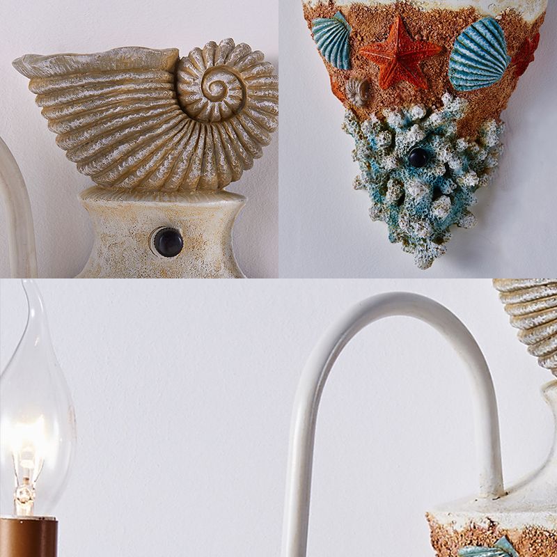 2-Bulb Metal Wall Lighting Country Blue Curved Arm Indoor Sconce Light Fixture with Tapered Fabric Shade