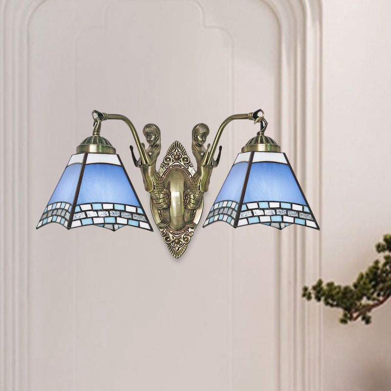 Blue 2-Light Wall Mount Light Mission Style Hand Cut Glass Swallowtail Wall Lighting with Mermaid Arm for Bedroom