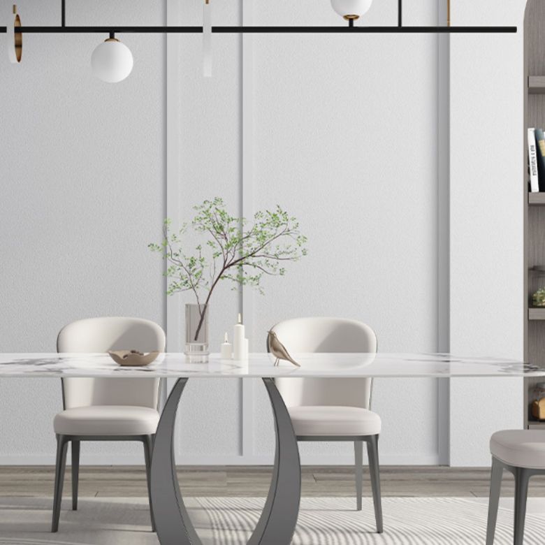 Rectangular Stone Top Dining Table Double Pedestal Metal Base for Living Room