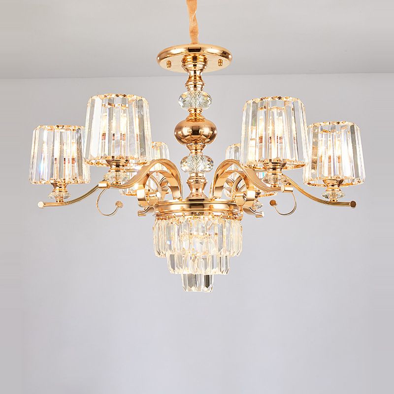 Contemporary 6/8 Bulbs Hanging Chandelier Gold Tapered Ceiling Pendant Light with Crystal Shade