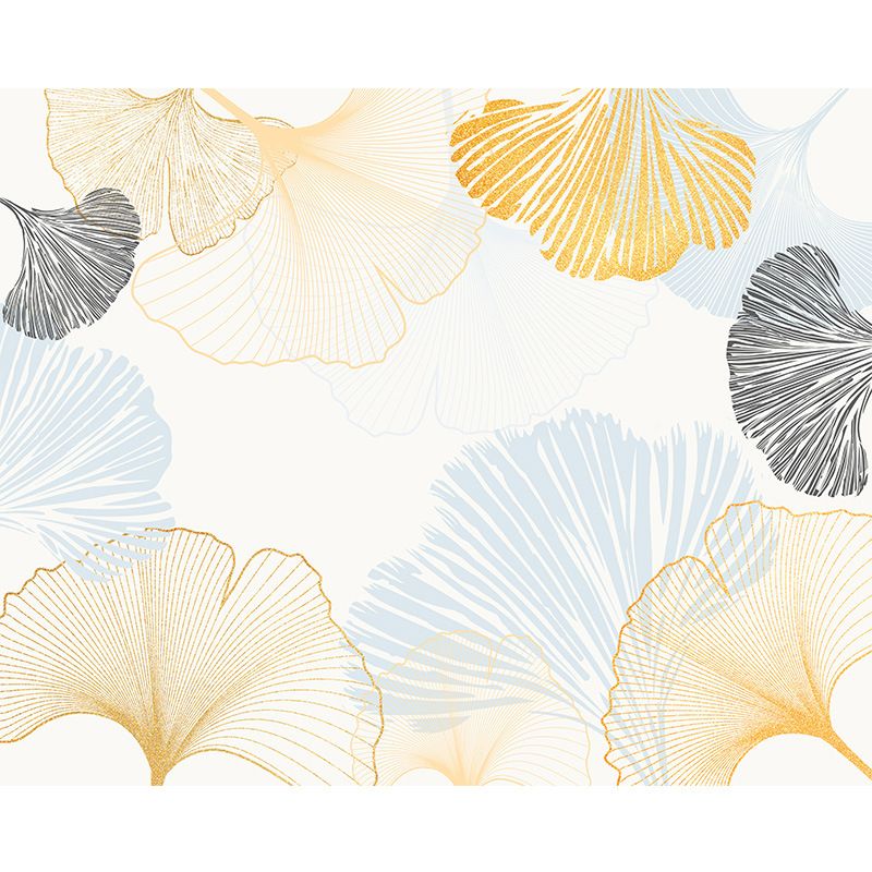 Ginkgo Wall Mural Decal in Blue and Yellow, Nordic Wall Covering for Living Room Decoration