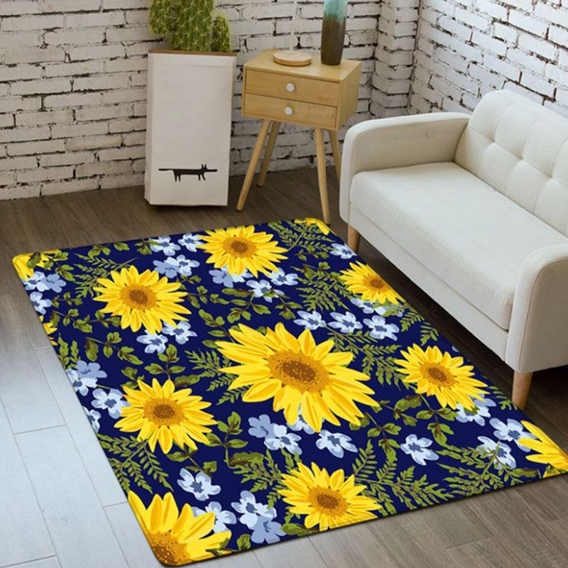 Black Modern Carpet Polyester Flowers Carpet Washable Carpet for Living Room